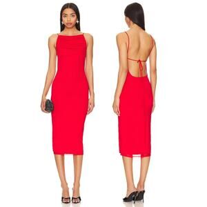 NBD Myra Midi Dress Cocktail Ruched Sexy Holiday Bright Red Mob Wife Size XS